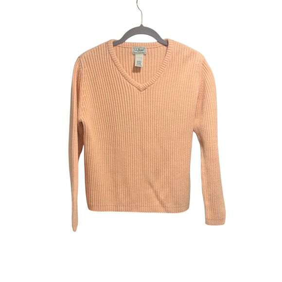 LL Bean Womens Peach Ribbed V Neck Long Sleeve Sweater S Chunky Hiking Outdoors - Picture 1 of 5